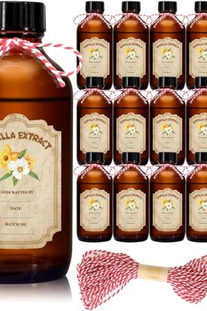 12 Pack 2 Ounce Amber Glass Bottle Boston Round Bottles with Caps Brown Vanilla Extract Bottles，12 Pcs Vanilla Extract Stickers for Syrup Gift Glass Food Storage Canister Set Sauce Beans