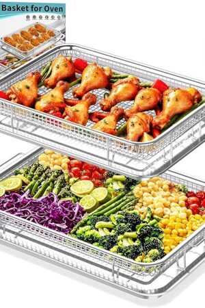 Air Fryer Basket for Oven, 2 Set Stainless Steel Pan & Crisper Tray (15"x11" &12.8"x9.7") with 60 Parchment Papers, Family-Size Non-Stick Oven Basket for Baking Chicken, Fries, Dishwasher Safe