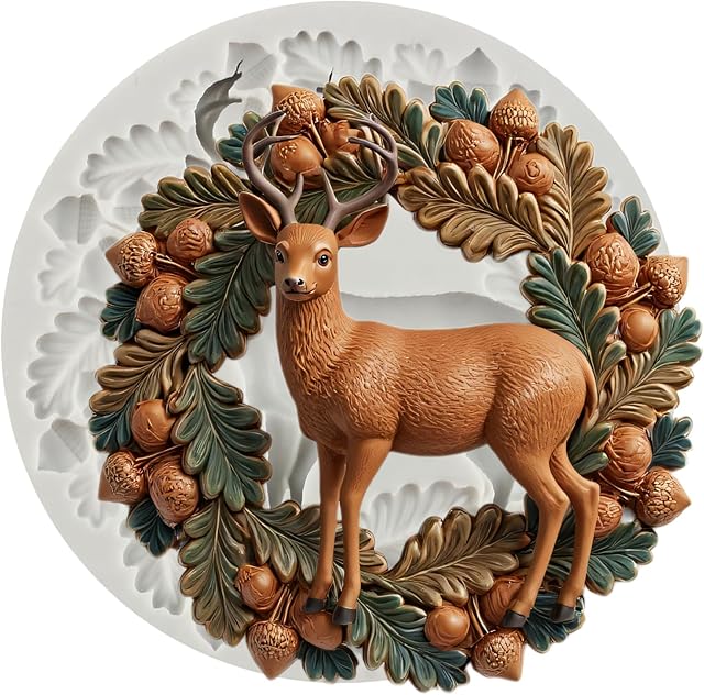 Christmas Deer Silicone Mold Holly Leaves Fondant Molds Pinecone Chocolate Molds For Sugar Cake Decorating Cupcake Topper Gum Paste Candy Polymer Clay