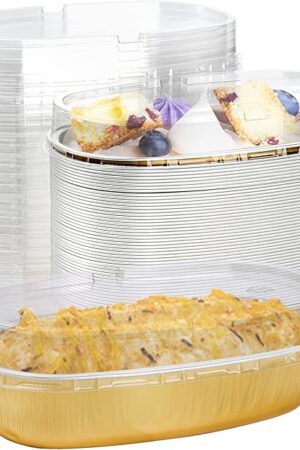 Dicunoy 50 Pack Aluminum Loaf Pans with Lids, 6.5" Disposable Mini Foil Cheesecake Baking Tray, Oval Bread Pan for Baking Challah, Meatloaf, Banana Bread