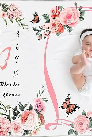 Chumia Baby Monthly Milestone Blanket for Baby Girl 59"x39" Floral Photo Prop Age Milestone Blanket with 2 Felt Floral Wreath Frame(Pink,Flower)