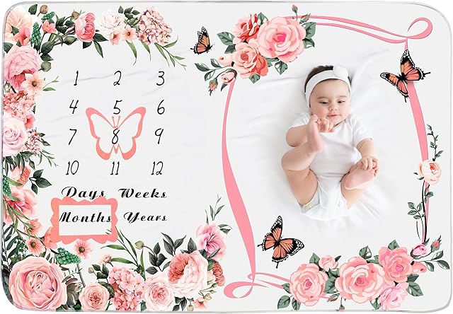Chumia Baby Monthly Milestone Blanket for Baby Girl 59"x39" Floral Photo Prop Age Milestone Blanket with 2 Felt Floral Wreath Frame(Pink,Flower)