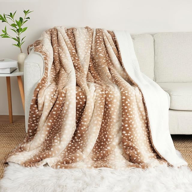 Cozy Bliss Throw Blanket Faux Fur Animal Striped Print Sherpa Brown 50x60 Inches