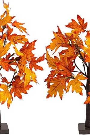 Dazzle Bright 2 Pack 24 Inch Lighted Thanksgiving Fall Maple Tree Decor, 24 LED Battery Operated Decorations Artificial Tree with Timer for Indoor Home Room Holiday Xmas Party