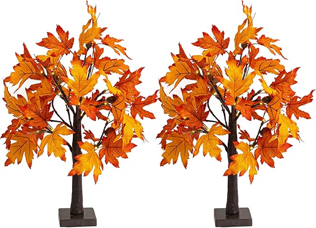 Dazzle Bright 2 Pack 24 Inch Lighted Thanksgiving Fall Maple Tree Decor, 24 LED Battery Operated Decorations Artificial Tree with Timer for Indoor Home Room Holiday Xmas Party