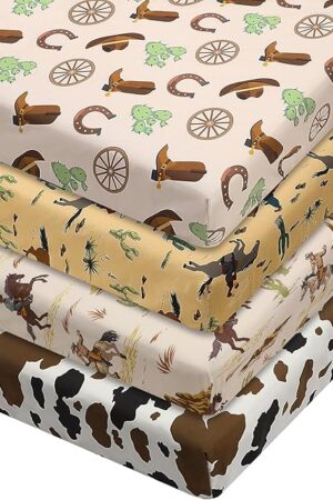 4 Pcs Western Cowboy Crib Sheet Set Newborn Bedding Nursery Baby Sheets for Girl Boys Baby Gifts for Standard Crib and Toddler Mattresses, 52 x 28 x 8 Inches