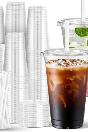 Charmount 24 oz Clear Plastic Cups with Lids and Straws, 100 Sets Disposable To Go Cups for Cold Drinks, Iced Coffee, Coffee Bar Accessories, Smoothies