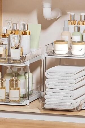 Bathroom Organizers And Storage – With Multipurpose Holder, 2 Sets of 2 Tiers Stackable Under Sink Bathroom Drawer Organizer Multi-Purpose Pantry Organizer And Kitchen Organization With Dividers