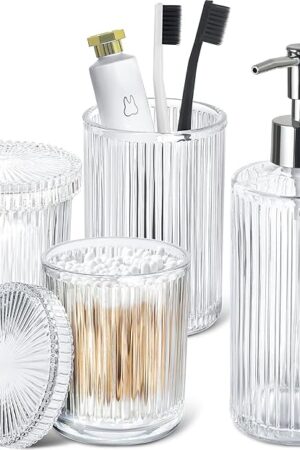 Bathroom Accessories Set, 4 Pack Clear Glass Bath Accessory Sets Complete, Ribbed Soap Dispenser and Toothbrush Holder Set with 2 Qtip Holders, Modern Sliver Bathroom Counter Decor