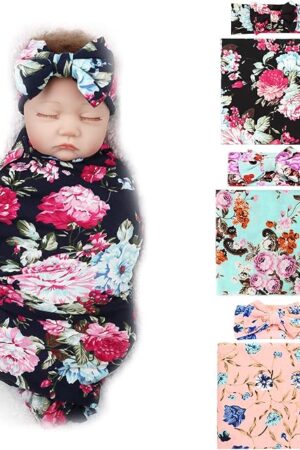 DRESHOW BQUBO Newborn Floral Receiving Blankets 3 Sets Newborn Baby Swaddling with Bow Headbands Sleepsack Toddler Warm Shower Gift