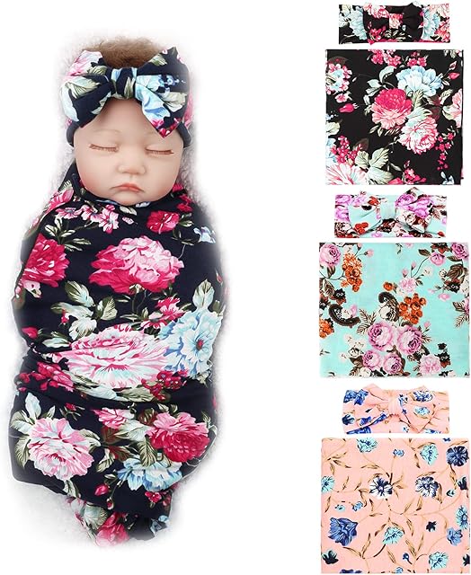 DRESHOW BQUBO Newborn Floral Receiving Blankets 3 Sets Newborn Baby Swaddling with Bow Headbands Sleepsack Toddler Warm Shower Gift