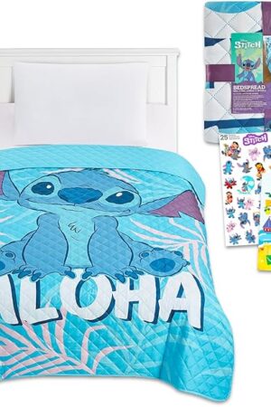 Disney Stitch Bedspread Twin Set for Kids - Bundle with Lilo and Stitch Quilted Bedspread for Twin Bed Plus Stickers, More | Stitch Twin Bedding Set for Boys, Girls