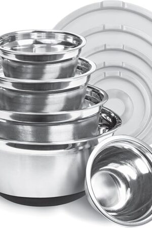 Avador Premium Stainless Steel Mixing Bowls with Lids Non-Slip, Set of 5 Mixing Bowl Set with Silicone Base, Space Saving, Great for Cooking, Baking, Prepping (0.25qt, 1qt, 1.5qt, 3qt, 5qt)