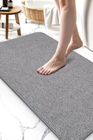 Bath Mat, Ultra Thin Bathroom Rugs,Super Absorbent, Rubber Bath Rugs Backing Non-Slip, Quick Dry Machine Washable, Cozy Cloth Bathroom Mat fit Under Door/Sink/Bathtub/Shower 17''x27''-Grey