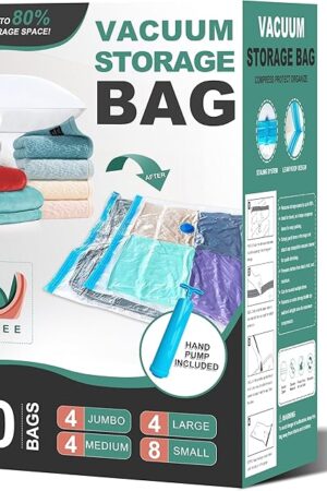 20 Pack Vacuum Storage Bags, Space Saver Bags, Vacuum Sealed Bags for Comforters, Blankets, Clothes Storage, Hand Pump Included (4 Jumbo/4 Large/4 Medium/8 Small)