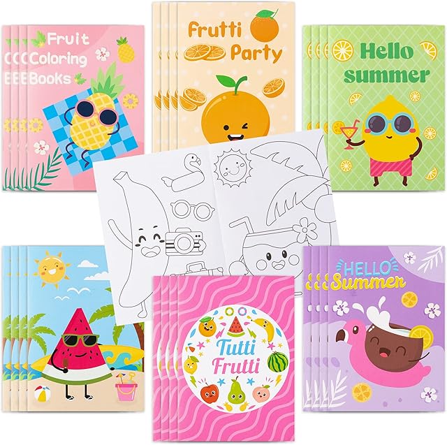 The MALLMALL6 24Pcs Fruit Coloring Books with Watermelon Pineapple Lemon Banana Orange Coconut Tropical Frutti Art Patterns Summer Themed School Party Supplies Home Game Activity for Kids Girl Boy Age 4-8