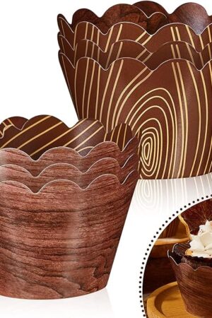 60 Pieces Wood Grain Cupcake Wrappers Woodland Baby Shower Decorations Animal Forest Cup Liners Wood Cupcake Holder for Wedding Cowboy Camping Rustic Birthday Party