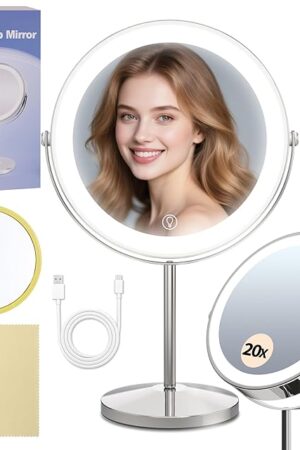 9" Magnifying Mirror with Light 1X/20X, Makeup Mirror with Light includes small mirror, 2000mAh Rechargeable, 360ยฐ Rotation, 3 Color Modes, Double-Sided, Ideal for Eyebrows, Lenses & Skincare