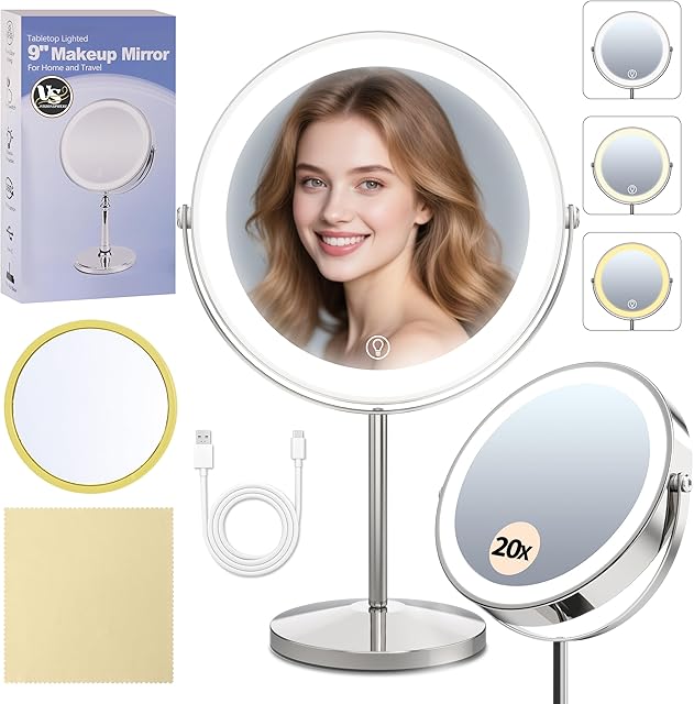 9" Magnifying Mirror with Light 1X/20X, Makeup Mirror with Light includes small mirror, 2000mAh Rechargeable, 360° Rotation, 3 Color Modes, Double-Sided, Ideal for Eyebrows, Lenses & Skincare