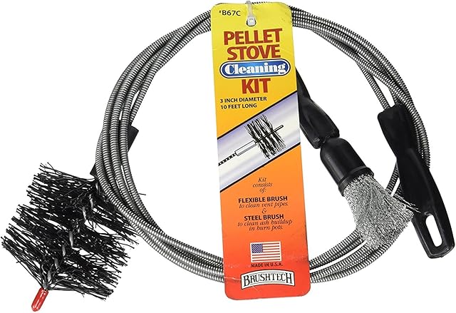 Brushtech Pellet Stove Cleaning Brush Kit - 10-Foot Non-Kinking Spring Brush for 3-Inch Vent Pipes with Bonus Steel Ash Brush - Safe Airflow Maintenance for Stove Pipes