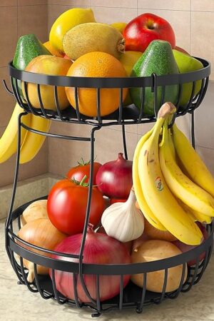 2 Tier Fruit Basket for Kitchen Counter with 2 Banana Hangers, Metal Stackable Fruit Bowl for Kitchen Counter for Bread Vegetable Fruits, Black