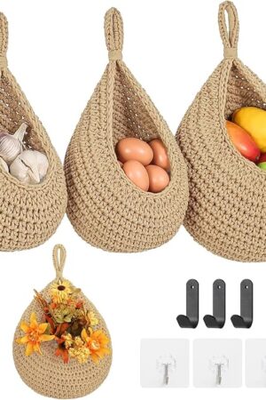 Boho Wall Hanging Fruit Baskets for Kitchen 3 Pack Woven Produce Holder with 6 Pcs Strong Hooks Vegetable Hanging Basket for Organizing Teardrop Home Wall Potato Onion Storage, Linen