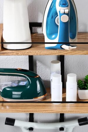 Wooden Ironing Board Hanger Wall Mount, 2-Layer Metal Iron Board Wall Holder with Adjustable Hooks, Laundry Room Shelves for T&Y Leg, Carbonized Black