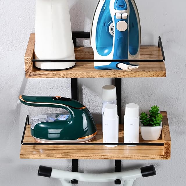 Wooden Ironing Board Hanger Wall Mount, 2-Layer Metal Iron Board Wall Holder with Adjustable Hooks, Laundry Room Shelves for T&Y Leg, Carbonized Black