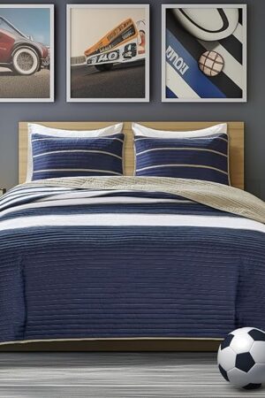 Comfort Spaces Verone Quilt Set Full/Queen White Blue Stripe 3 Piece