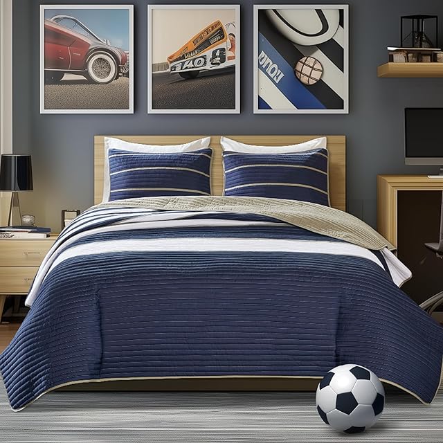 Comfort Spaces Verone Quilt Set Full/Queen White Blue Stripe 3 Piece