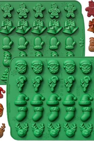 (2 Pack) Christmas Candy Molds, 60 Cavity Christmas Gummy Molds, Santa Clause Snowman Gingerbread Man Tree Shape Christmas Silicone Molds for Mini Chocolate Biscuit Jelly Baking