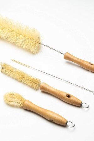 All Natural Bottle Brush and Straw Set (NO Plastic) Sisal Bristles and Wood Handle Bottle Cleaners for Washing Narrow Beer Bottles, Sports/Water Bottles, Tumbler, Kettles, Lid Brush, Long Straw Brush