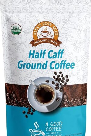 Alex's Low Acid Organic Coffee 12oz Bag - Half Caff Fresh Ground (Pack of 1)