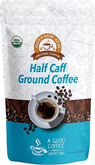 Alex's Low Acid Organic Coffee 12oz Bag - Half Caff Fresh Ground (Pack of 1)