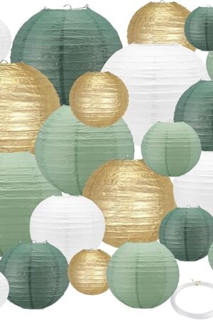 21Pcs Sage Green Paper Lanterns,4"6"8"10"12" Hanging Round Paper Lanterns Decorative with Tape and String for Bridal Shower Baby Shower Wedding Birthday Party Engagement(Gold Ivory Sage Green 21pack)
