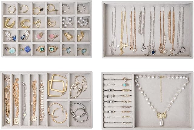 ProCase Stackable Jewelry Organizer Trays for Drawers, Jewelry Drawer Inserts Container Display Case Storage for Earring Necklace Rings Bracelet with Removable Dividers -Grey, 4 Layers