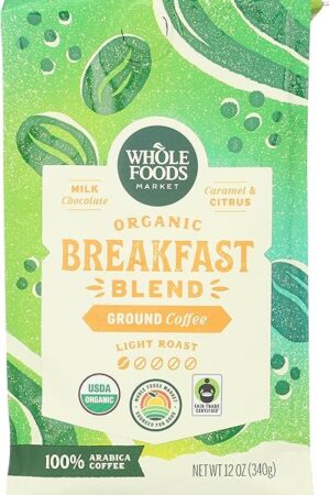 Whole Foods Market, Organic Breakfast Blend Ground Coffee, Light Roast, Milk Chocolate, Caramel & Citrus, 12 Ounce