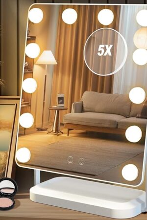 BanBers Hollywood Vanity Mirrors with Lights 13" x 15" Lighted Makeup Mirror 12 LED Bulbs, Touch Control Led Mirror 3 Colors Light, 360 Degree Rotation Facial Mirror for Bedroom,Tabletop