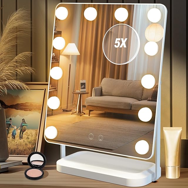 BanBers Hollywood Vanity Mirrors with Lights 13" x 15" Lighted Makeup Mirror 12 LED Bulbs, Touch Control Led Mirror 3 Colors Light, 360 Degree Rotation Facial Mirror for Bedroom,Tabletop