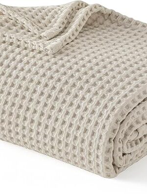 Bedsure 100% Cotton Blanket Queen Size, Waffle Weave Lightweight Summer Blanket for Bed, Knit Woven Thin Breathable Waffle Bedding Decor Gifts for Bedroom, Hotel, Hospital, Linen Beige, 90" x 90"
