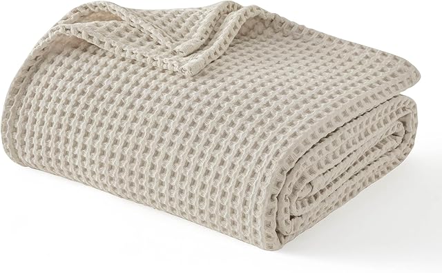 Bedsure 100% Cotton Blanket Queen Size, Waffle Weave Lightweight Summer Blanket for Bed, Knit Woven Thin Breathable Waffle Bedding Decor Gifts for Bedroom, Hotel, Hospital, Linen Beige, 90" x 90"