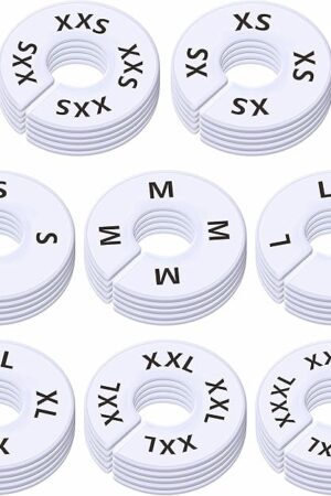 40 Pack Round White Plastic Clothing Size Closet Rack Dividers Hangers, Preprinted in 8 Sizes XXS, XS, S, M, L, XL, XXL, XXXL (Outer 3.5?, Inner Diameter 1.38?)