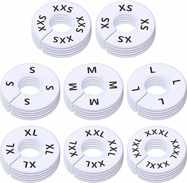 40 Pack Round White Plastic Clothing Size Closet Rack Dividers Hangers, Preprinted in 8 Sizes XXS, XS, S, M, L, XL, XXL, XXXL (Outer 3.5?, Inner Diameter 1.38?)
