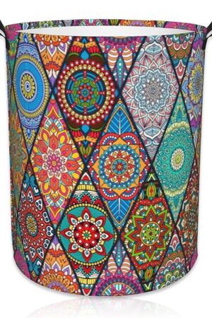 Bohemian Mandala Laundry Basket Foldable Laundry Hamper Waterproof Oxford Cloth Large Laundry Basket Clothes Storage Bucket Toy Organizer For Bathroom, Laundry, College 17.3 x16.5 Inch
