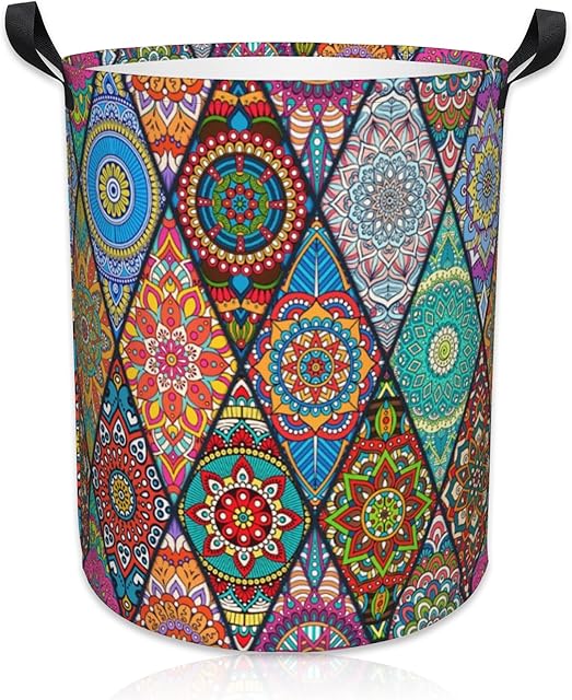 Bohemian Mandala Laundry Basket Foldable Laundry Hamper Waterproof Oxford Cloth Large Laundry Basket Clothes Storage Bucket Toy Organizer For Bathroom, Laundry, College 17.3 x16.5 Inch