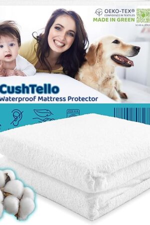 CushTello™ 100% Waterproof Mattress Protector Full Size Bed - 180gsm Cotton Blend Fitted Sheet Style - Noiseless & Machine Washable - Soft & Breathable Waterproof Mattress Cover Full Size Bed