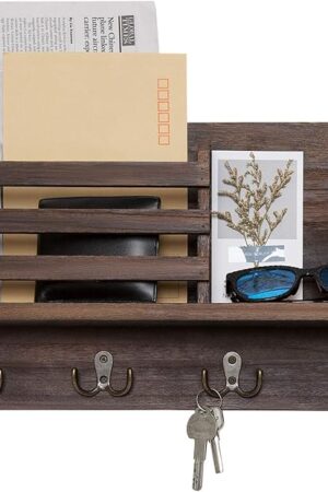 Dahey Rustic Wooden Wall Mounted Mail Holder Key Holder Rack Floating Shelf Brown 15.7" W x9.3 Hx3.2 D