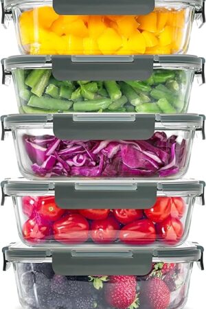 Zulay Kitchen 5 Pack Glass Meal Prep Containers with Lids - Airtight, Premium Borosilicate Glass Food Storage Containers - Microwave, Freezer & Oven Safe, BPA Free - Gray