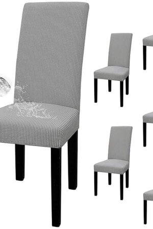 Easy-Going 100% Waterproof Dining Room Chair Cover Set of 6, Stretch Jacquard Parson Chair Slipcover Removable Washable Chair Protector for Home, Restaurant, Banquet (Large, Light Gray)