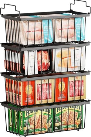 4 Pack Freezer Organizer Bins(14.6‘’L X 7.1‘’W X 5.2‘’H) for 7 Cu.FT Deep Ches Freezer Sort Frozen Meats | Stackablet Deep Freezer Organizer Bins Get Food Easily w/Handle(Black), Gifts Ideas for Mom